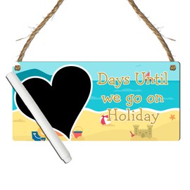 Days Until We Go on Holiday Countdown Plaque - MDF Wooden Countdown Sign with Chalkboard Heart - Fun Holiday Vacation Tracker - 19cm x 9cm (Beach With Sandcastle, With Pen)
