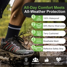 RANDY SUN Waterproof Hiking Crew Socks with Reflective Strip, Merino Wool Lined, Cushioned & Breathable – Ideal for Trekking, Camping, Outdoors Black Grey S 1 Pair