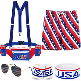 Patriotic Beverage Beer Belt Costume Set 4th of July Fanny Pack Shorts Sunglasses Wristband Headband 250th Anniversary Patriotic Party Supplies for Men Women Independence Veterans Memorial Day (L)