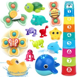 Chennyfun Spinner Baby Bath Toy, 21 Pieces Children's Bath Toy with Suction Cup, Whale, Starfish & Duck Bath Toy with Storage, Suction Cup Toy Baby for 1-5 Years Baby