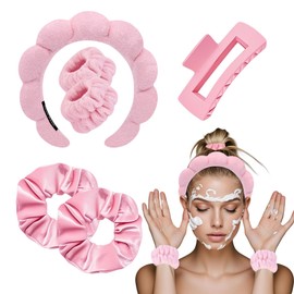 DMIMIA Spa Headbands for Women, 1 Makeup Headband,2 Wrist Washband, Hair Scrunchies and 1 Hair Claw Clip Set for Face Washing, Skincare, Shower, Makeup Removal(Pink)