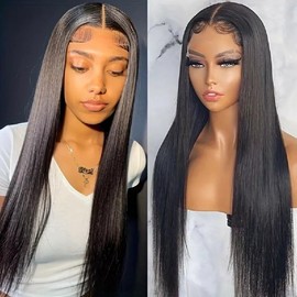 Straight Lace Front Human Hair Wig 4x4 Hd Lace Closure Human Hair Wigs Straight Lace Closure Wigs Pre Plucked With Natural Black Color Baby Hair 180% Density 18inch