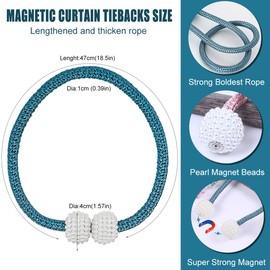 JOYJULY Magnetic Curtain Tiebacks (6 Pack),Modern Pearl Curtain Drapes Clips Rope Holdbacks Curtain Holder Buckles,Weave Rope Drape Tie Backs For Home Office Decorative (Blue)