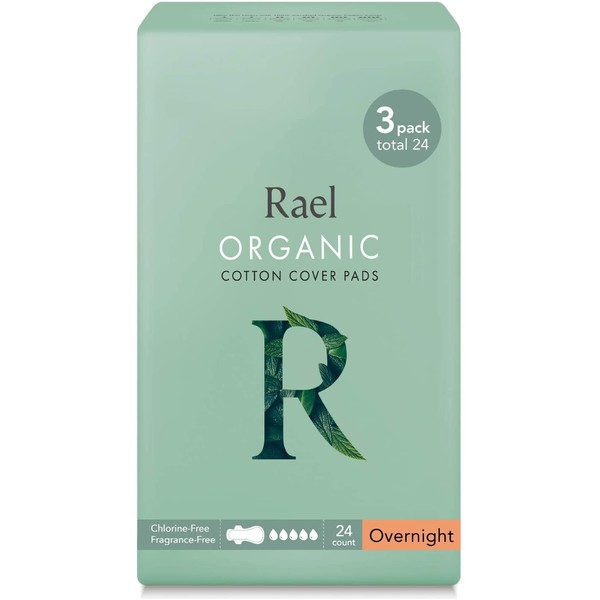 Rael Organic Cotton Cover Pads - Heavy Absorbency, Unscented, Ultra Thin Pads with Wings for Women (Overnight, 30 Count)