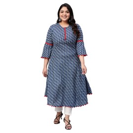 Yash Gallery Kurtis de algodón Cambric estampado acampanado, para mujer, Azul., XXL
