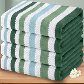 Striped Bath Towels (4PC, 28" x 52") - 100% Cotton, Quick Dry, Soft & Absorbent, Waffle Bath Towels with Hanging Loop, Decorative Bath Towel Set for Bathroom, Home Essentials, Green + White Checkered