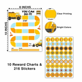 10 Construction Reward Chart with 216 Round Stickers, Incentive Behavior Chart for Kids at Home Classroom, Kids Routine Daily Chore Sticker Chart-A03