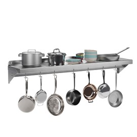 KYBOLT 12" x 48"Commercial Stainless Steel Wall Mounted Shelf with 7 Hooks for Hanging Pots and Pans - Ideal for Storage in Restaurants, Kitchens, Homes, and Hotels