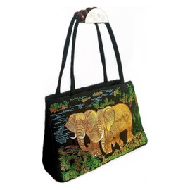 Embroidered Elephant Shoulder Handbag, Double Zipper, Wooden Bead Handle, Black with Gold Design, 11.8 x 7.9 inches