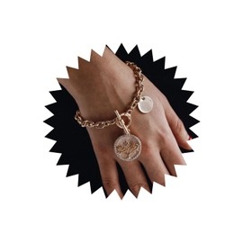 Wendalern Chunky Chain Bracelet Gold Link Chain Toggle Bracelet Rhinestone Disc Charm OT Clasp Bracelet Vintage Coin Pendant Toggle Clasp Bracelet Jewelry for Women Girls(Gold Tree)