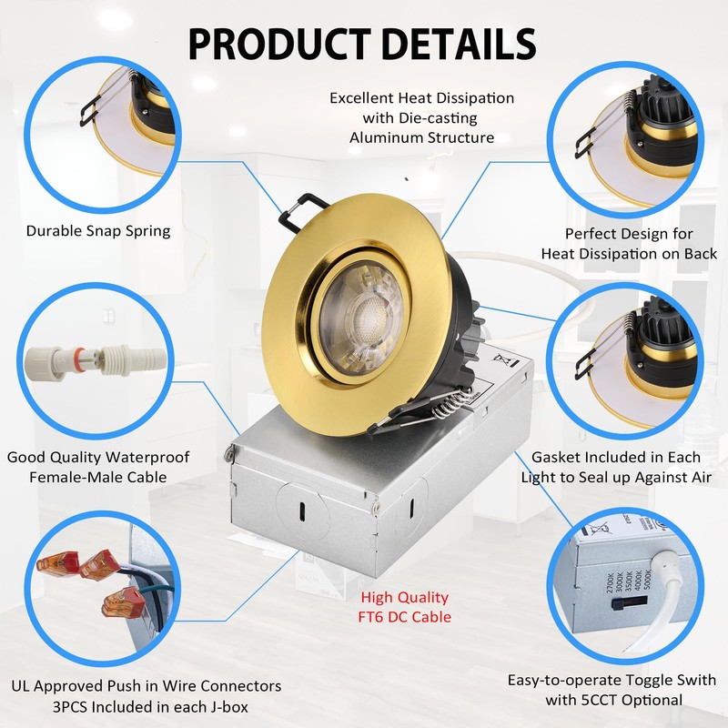 POPANU Premium Shiny Gold 3-inch LED Recessed Lights - 5