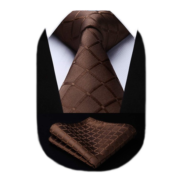 HISDERN Check Wedding Plaid Tie Handkerchief Men's Necktie Pocket Square