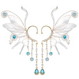 FRESHME Renaissance Fairy Elf Ear Cuffs - Blue Butterfly Wings Elven Ear Cuffs with Glass Beads Tassel Non Pierced Mermaid Ears for Women Dress Up Renfaire Costume Cosplay Makeup Fantasy Accessories