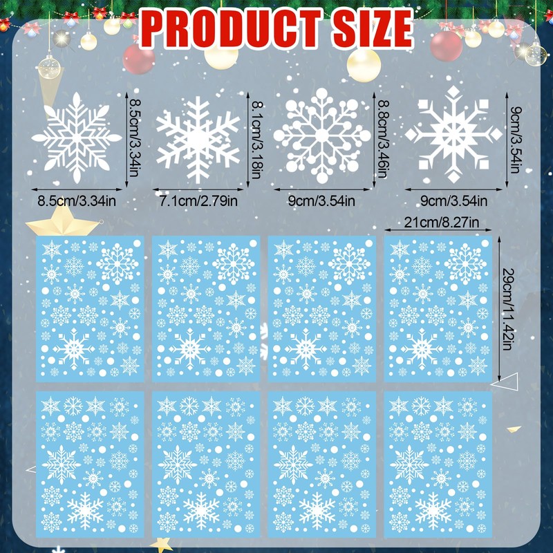 8 Sheets Christmas Snowflake Window Clings Stickers for Glass, Double