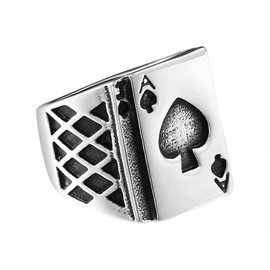 PAMTIER Men's Stainless Steel Poker Card Ace of Spades Lucky Ring Signet Style Vintage Silver Black Size 12