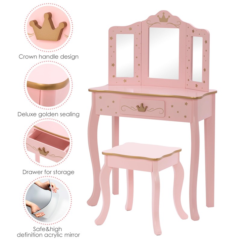 UTEX Kids Vanity Set with Mirror and Stool, Kids Make