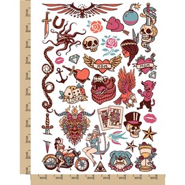 American Traditional Vintage Old Style Temporary Tattoo Water Resistant Fake Body Art Set Collection - Color (One Sheet)