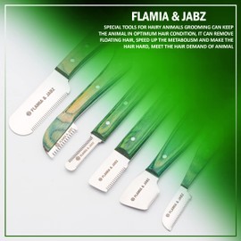 FLAMIA & JABZ FJ Professional Stripping Knife kit (6 pieces set) for Dogs & Pets, Wooden Handle Grip with Stainless Steel Blade (Right handed) (Green)