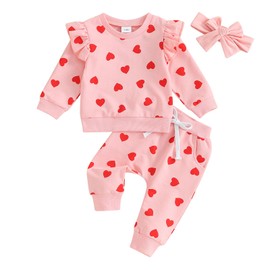 Infant Toddler Baby Girl Valentine Outfits Long Sleeve Shirts Heart Sweatshirt + Pants + Headband 3Pcs Set (Pink Red Heart, 2-3 Years)