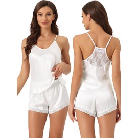 cheibear Womens Satin Pajamas Sleeveless Lace Trim Camisole Tops with Shorts Sliky Lounge Sets X-Small White