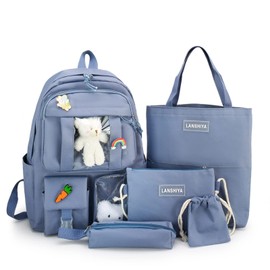 LELAOJI Kawaii 5PCS Backpack Set for Girls with Cute Bear Accessories - School Bookbag, Shoulder Bag, Handbag, Pen Pouch & More - Perfect for Student Back to School Supplies, Blue