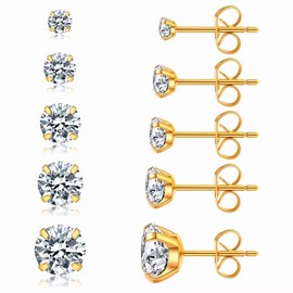 5 Pairs Stud Earrings Hypoallergenic Cubic Zirconia 316L Earrings Stainless Steel CZ Earrings Set 3-8mm (Gold)