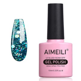 AIMEILI Semi-permanent UV LED Gel Nail Polish Nail Polish Manicure Colors with Glitter - Diamond Glitter Teal Blue Green (044) 10ml