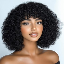 JOEDIR HAIR Fluffy Wig Human Hair Wigs for Black Women Wear and Go Afro Curly Bob Wig with Bangs 12 Inches Water Wave Glueless Wigs 250% Density (1B / Black)