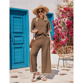 Ekouaer Lounge Set for Women Travel Outfits 2 Piece Sets Short Sleeve Sweater Top Wide Leg Long Pants Loungewear Brown XXL