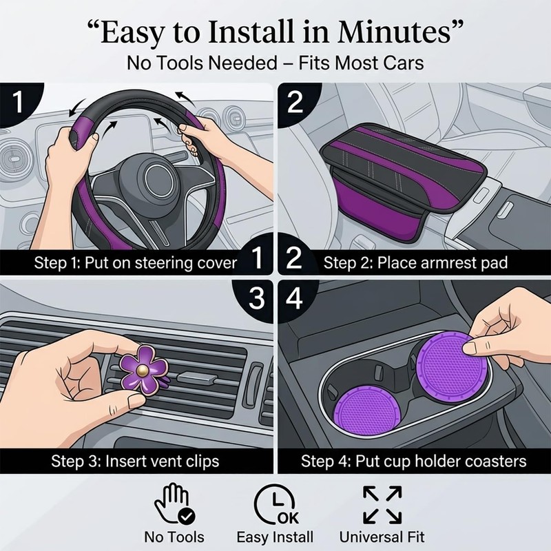 10PCS Car Interior Accessories Sets,Steering Wheel Cover, Seat Belt Cover