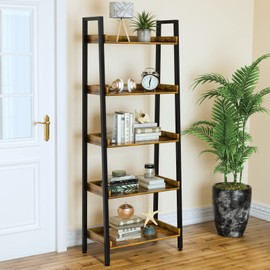 ASTARTH Ladder Shelf-5 Tier Bookshelves w/Open Shelf for Storage, Industrial Bookshelf & Tall Ladder Shelf-Metal Frame for Bedroom, Living Room, Kitchen-67.3'' H, Easy Assembly, Rustic Brown (HD021)