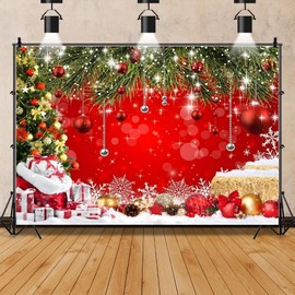 Pnylzzyxh 8x6ft Christmas Red Backdrop for Photography Xmas Ball Gifts Bell Pine Tree Backdrops Rustic Snow New Year Decor Background Kids Portrait Photobooth Family Party Baby Shower Decorations