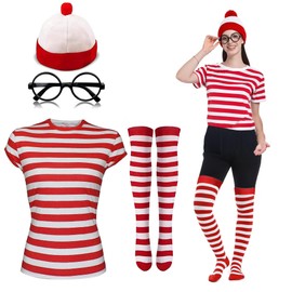 Gizelle LADIES WOMEN'S GIRLS WHERES WALLY STRIPS T-SHIRT KIT HEN PARTY COSTUME BOOK DAY (XL, Red & White)