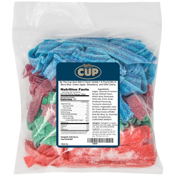 By The Cup Sour Belt 4 Flavor Variety 1.6 Pound Mix of Berry Blue, Green Apple, Strawberry, and Wild Cherry