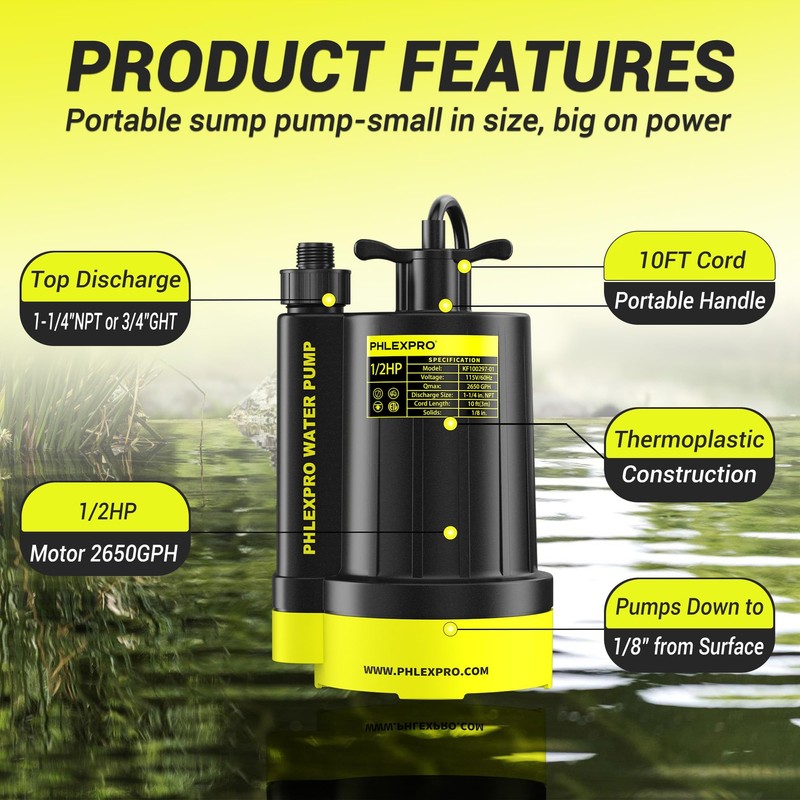 PHLEX PRO Sump Pump 1/2HP Submersible Water Pump, 2650GPH Utility
