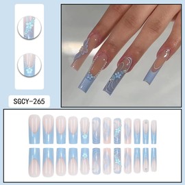 Press on Nails Long Coffin Shaped Glossy Full Cover Acrylic Square Long False Nails with Designs Artificial Extra Long Coffin Fake Nails with Charm Glue Stick on Fingernails for Women Girls(SGCY265)