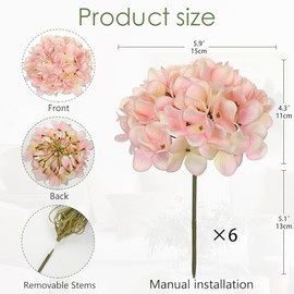 Hollyone - 6 cabezas de flores artificiales de hortensia rosa claro con tallos de seda de hortensia de imitación rosa flores falsas para el hogar, interior, exterior, bricolaje, flores, ramos de