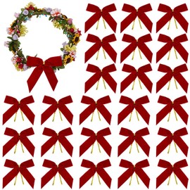 FINGERINSPIRE 24Pcs Red Velvet Bows for Christmas Tree, 90x90mm/3.5x3.5inch Red Velvet Ribbon Bows with Wired Twist Tie Pre-Tied Vintage Christmas Ribbon Bows for Wreaths/Garlands/Crafts/Wedding/Party