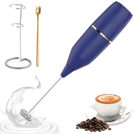 Homexup Handheld Milk Frother 14,000 RPM Drink Mixer Wand with Stand & Stirring Spoon Quiet One-Button Operation, Non-Slip Handle, Detachable Whisk Head for Coffee, Lattes, Cappuccinos, Matcha (Blue)