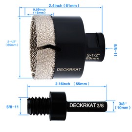 Diamond Hole Saw, 2-1/2" Hole Saw for Tiles Granite Marble Ceramic Glass Porcelain, 65mm Core Drill Bit with 5/8-11 Thread and 3/8” Hex Shank Adapter for Angle Grinders & Drills