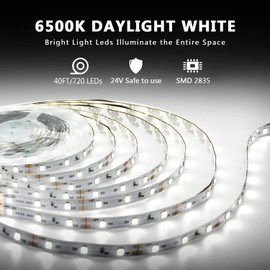 dalattin White LED Strip Lights, 40ft Dimmable LED Light Strip 6500K Bright Daylight White 24V, 720 LEDs 2835 Tape Lights for Bedroom, Kitchen, Mirror, Home Decoration(2 * 20ft)