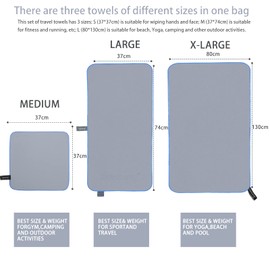 Rainberg 3PK Microfibre Towel, Perfect Sports Towel, Travel Towel, Swimming Towel and Beach Towel, Fast Drying, Super Absorbent, Ultra Compact, Great for Camping, Gym, Beach and Swimming (Grey)