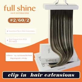 Full Shine Clip in Hair Extensions with Seamless Weft 20 Inch Human Hair Extensions Clip ins PU Weft Seamless Human Hair 8 Pieces 120g Clip in Extensions Color 2/60/2