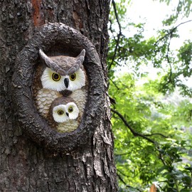 KOCNYDEY Owl Garden Statues Outdoor Decor, Fake Owl Mum and Baby Decoy to Scare Birds Away, Tree Face Decor Resin Figurine Sculpture Garden Peeker Yard Art Decoration for Patio Housewarming Gifts