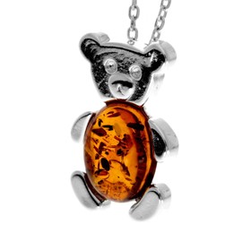 SilverAmber Jewellery - 925 Sterling Silver & Genuine Cognac Baltic Amber Teddy Bear Pendant - 698
