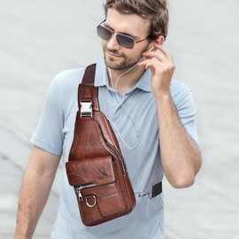 Sling Bag for Men,PU Leather Chest Bag,  Bag,Casual Lightweight Bag,Crossbody bag for Hiking,Cycling - Color: Dark Brown