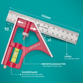 Zenakio Zenakio Combination Square 15 cm - Precise Measuring and Marking - Stainless Steel Angle Ruler - Ideal for Wood and Metal Work - Zenakio Professional Combination Angle