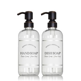 Artanis Home Clear Refillable Hand and Dish Soap Dispenser Set with Pumps for Kitchen Sink - PET Plastic Soap Bottles Refillable with Pump - Waterproof Labels - 16 oz, 2 Pack
