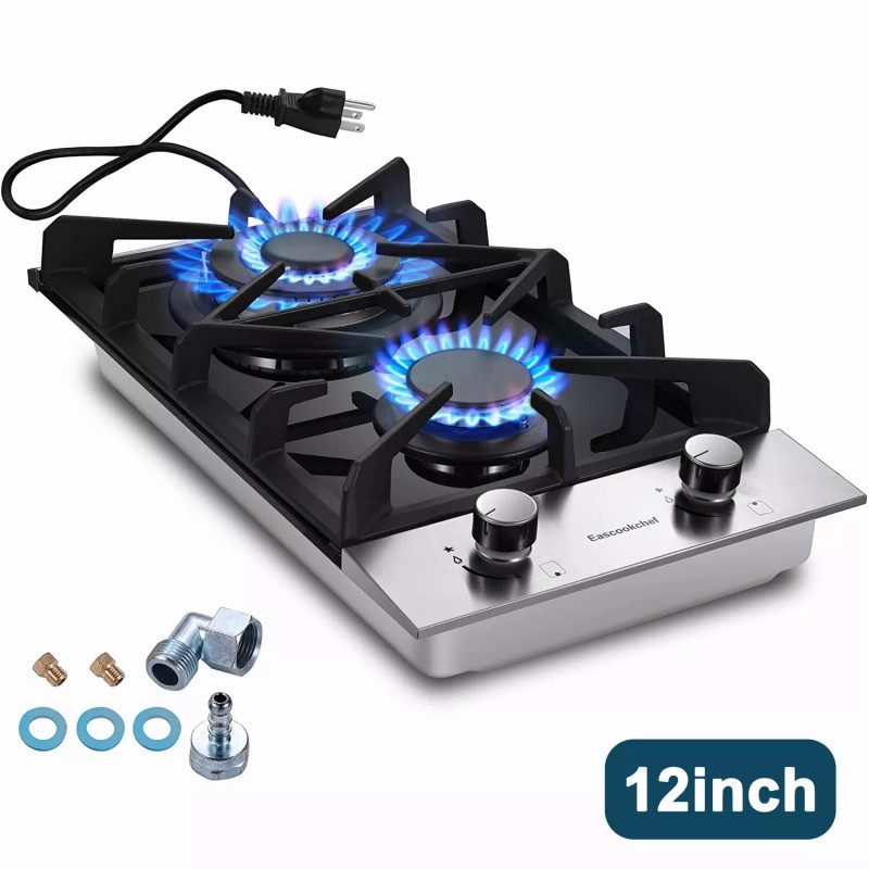 Eascookchef 2-Burners Gas Cooktop 12in Eascookchef Tempered Glass NG/LPG Convertible
