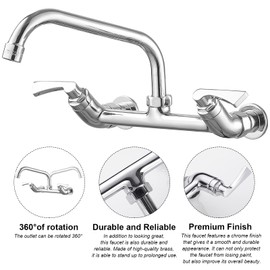 BWE Kitchen Faucets Wall Mount 8 Inch Center Commercial Utility Sink Faucets Dual Handle with 8" Swivel Spout, Kitchen Laundry Faucet Restaurant Brass Construction, Chrome